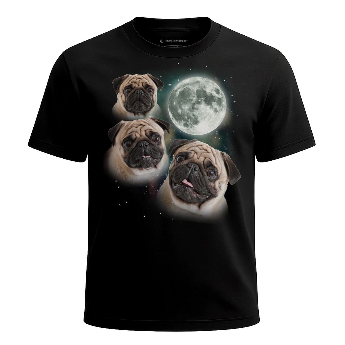 MagicMoon Three Three Pug Moon Moon - Funny Animal Shirt, White Elephant Gift, Novelty T-Shirt