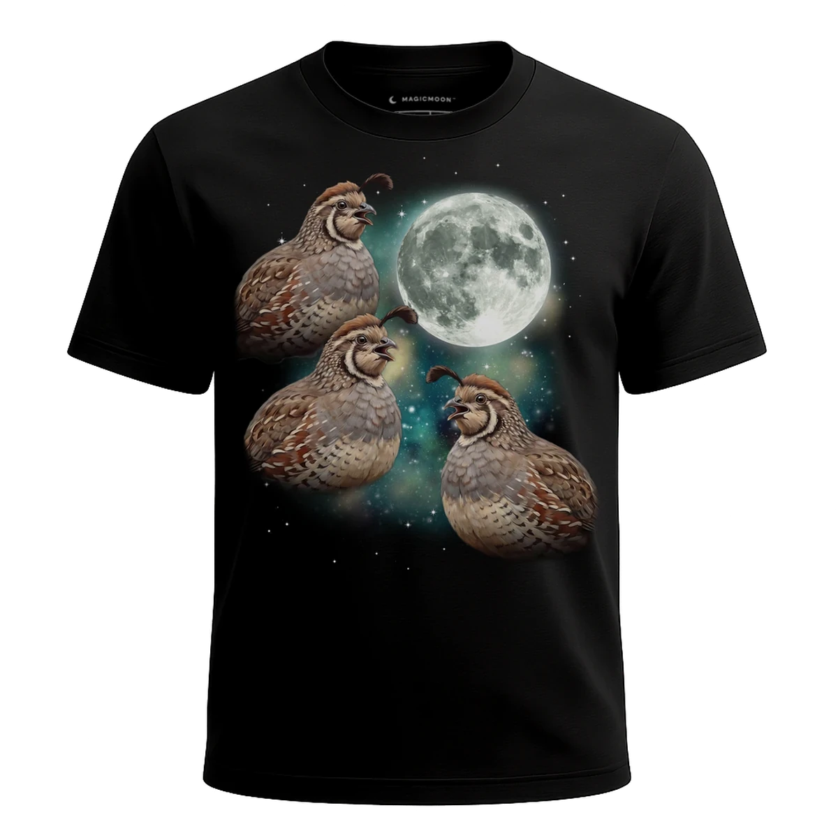 MagicMoon Three Quail Moon - Funny Animal Shirt, White Elephant Gift, Novelty T-Shirt