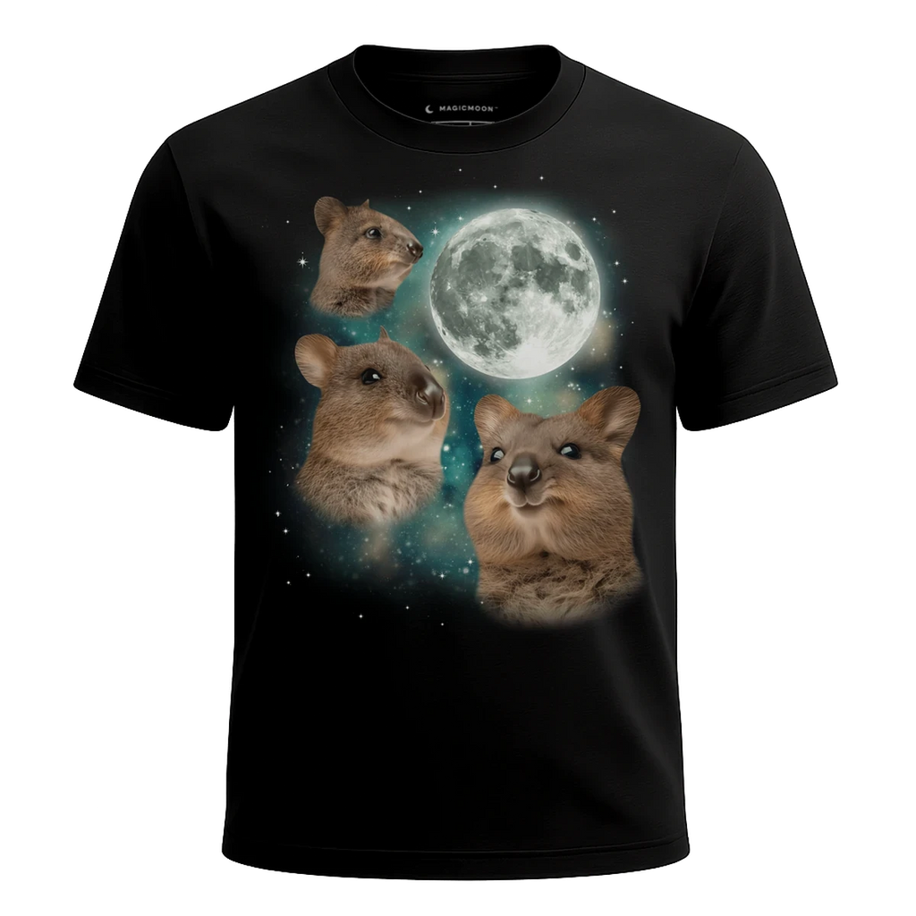MagicMoon Three Quokka Moon - Funny Animal Shirt, White Elephant Gift, Novelty T-Shirt