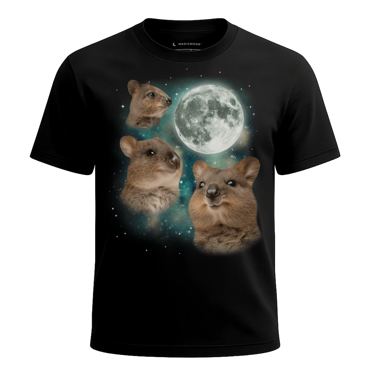 MagicMoon Three Quokka Moon - Funny Animal Shirt, White Elephant Gift, Novelty T-Shirt