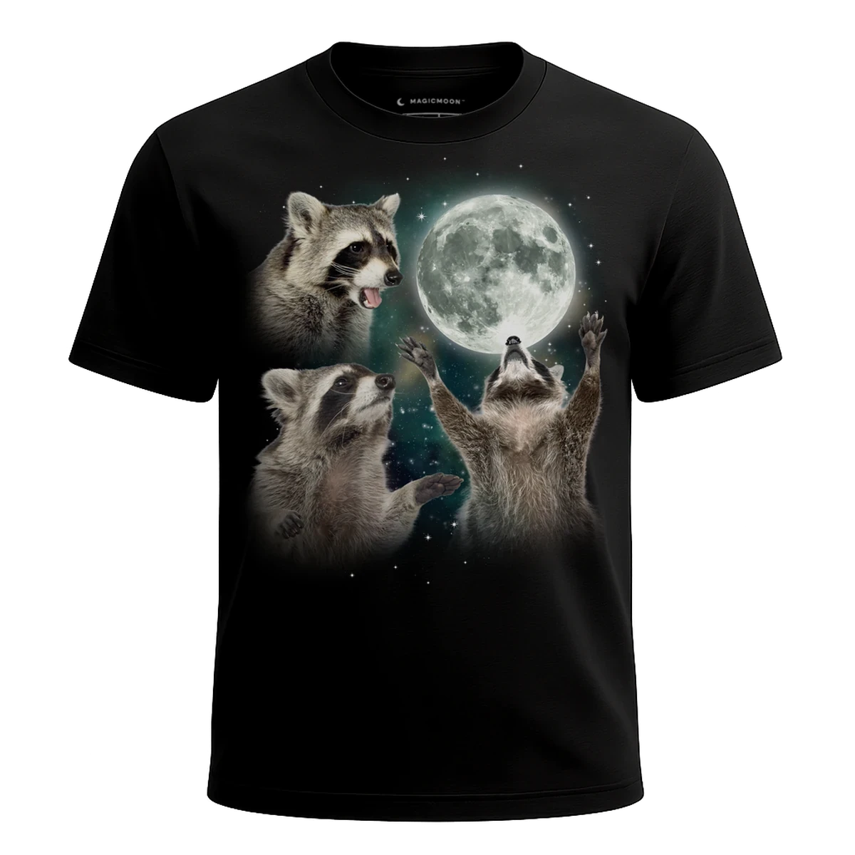 MagicMoon Three Raccoon Moon - Funny Animal Shirt, White Elephant Gift, Novelty T-Shirt