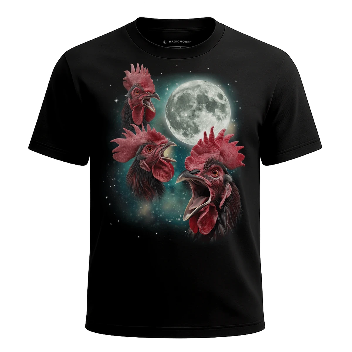 MagicMoon Three Rooster Moon - Funny Animal Shirt, White Elephant Gift, Novelty T-Shirt
