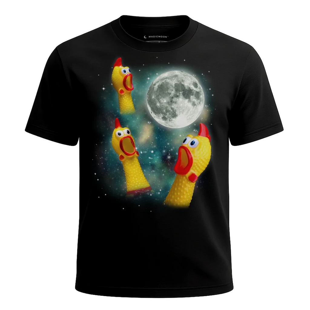 MagicMoon Three Rubber Chicken Moon - Funny Novelty Shirt, White Elephant Gift, Novelty T-Shirt