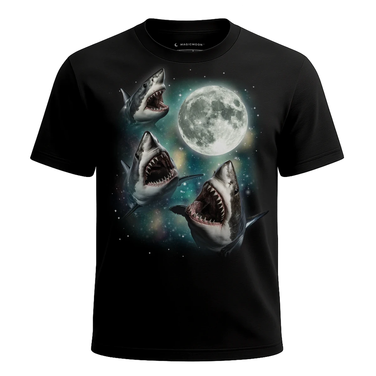 MagicMoon Three Shark Moon - Funny Animal Shirt, White Elephant Gift, Novelty T-Shirt