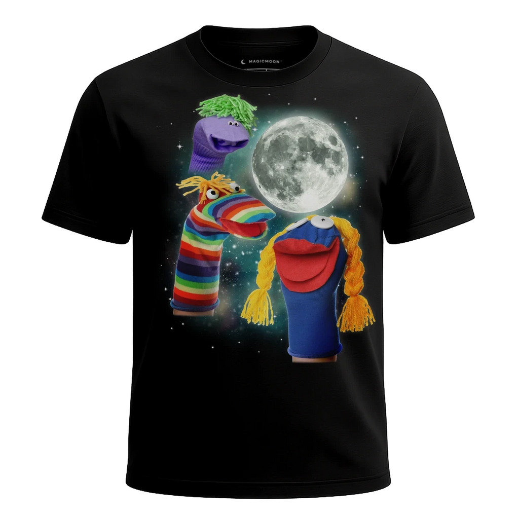 MagicMoon Three Sock Puppet Moon - Funny Novelty Shirt, White Elephant Gift, Novelty T-Shirt