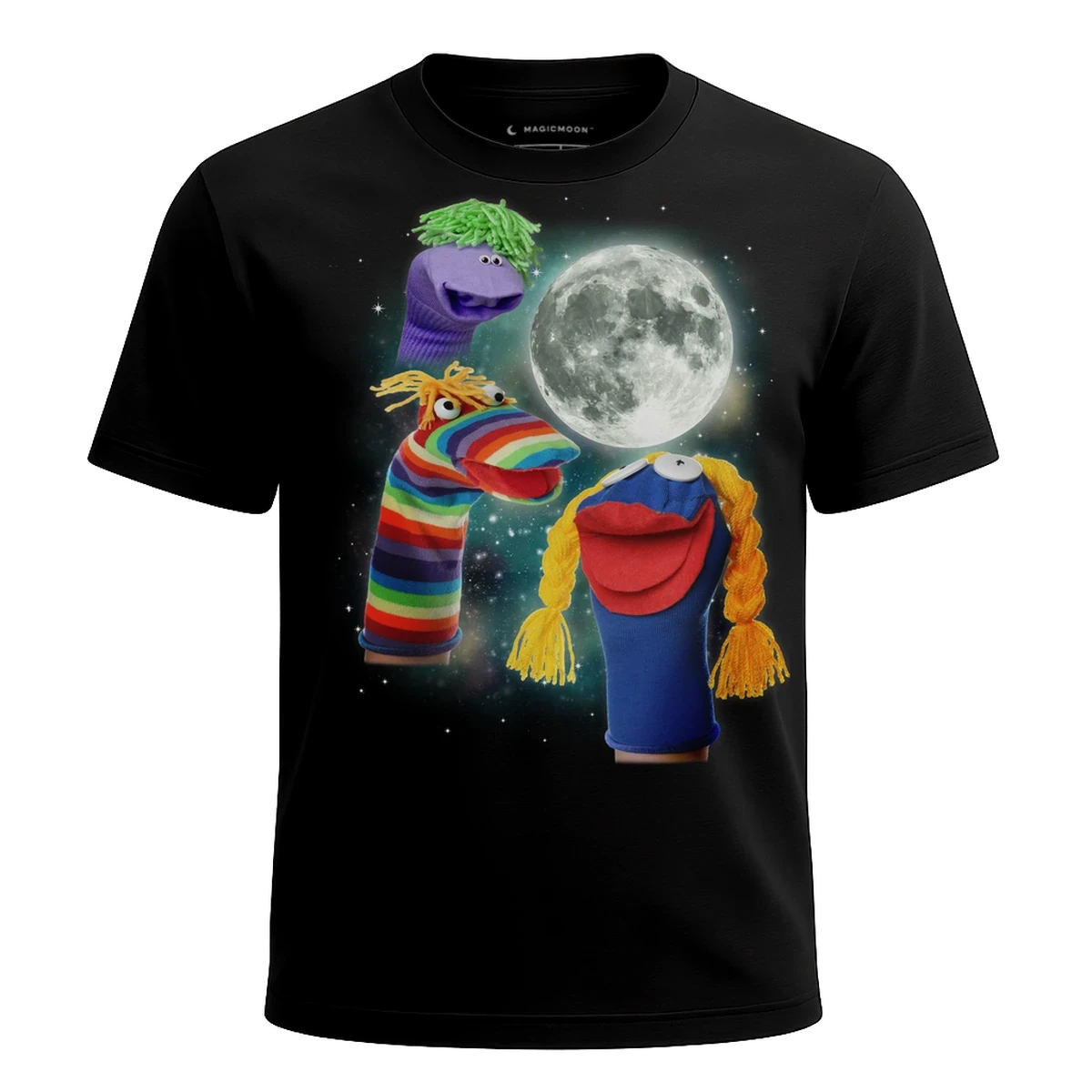 MagicMoon Three Sock Puppet Moon - Funny Novelty Shirt, White Elephant Gift, Novelty T-Shirt