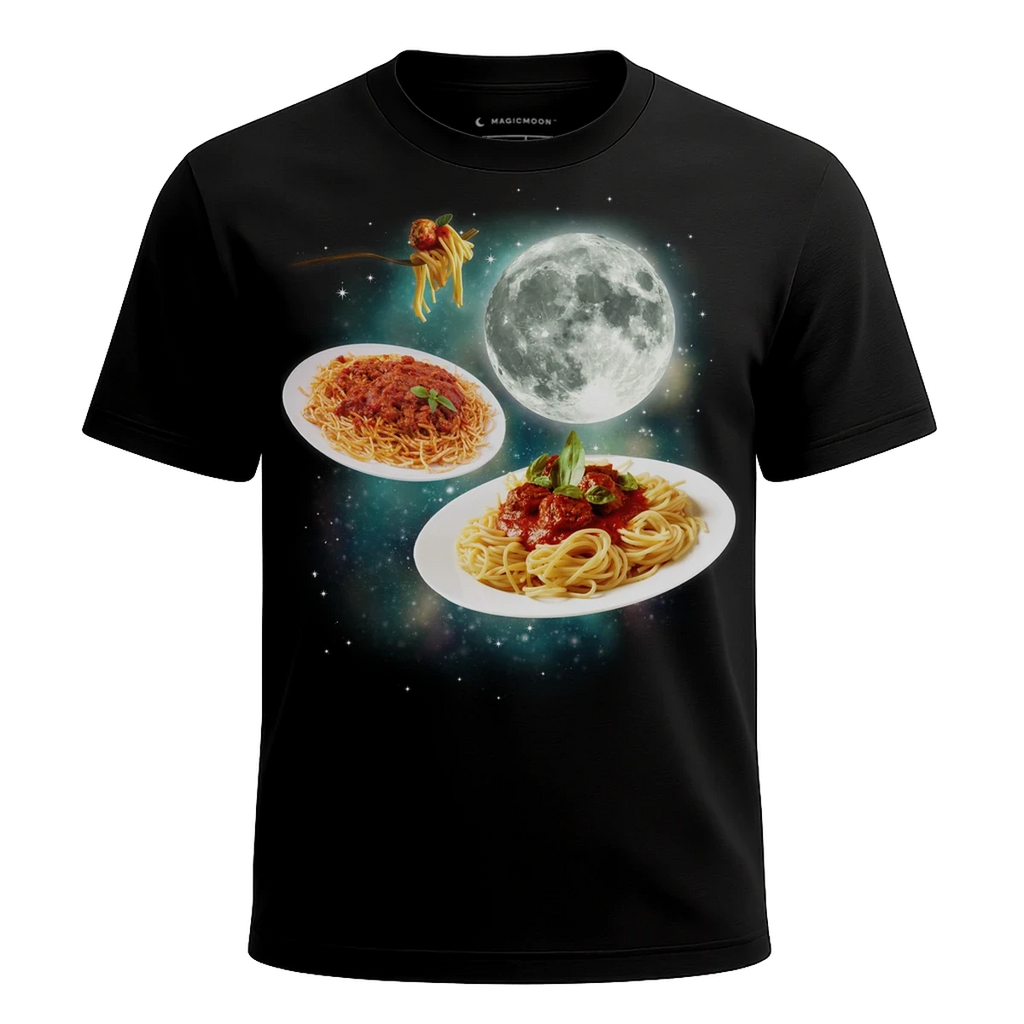 MagicMoon Three Spaghetti Moon - Funny Food Shirt, White Elephant Gift, Novelty T-Shirt