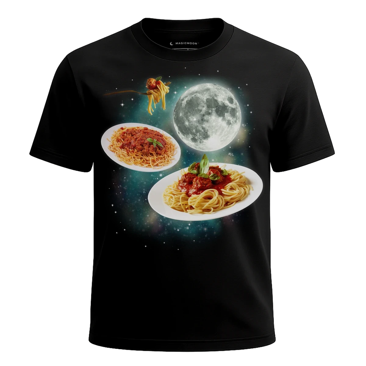 MagicMoon Three Spaghetti Moon - Funny Food Shirt, White Elephant Gift, Novelty T-Shirt