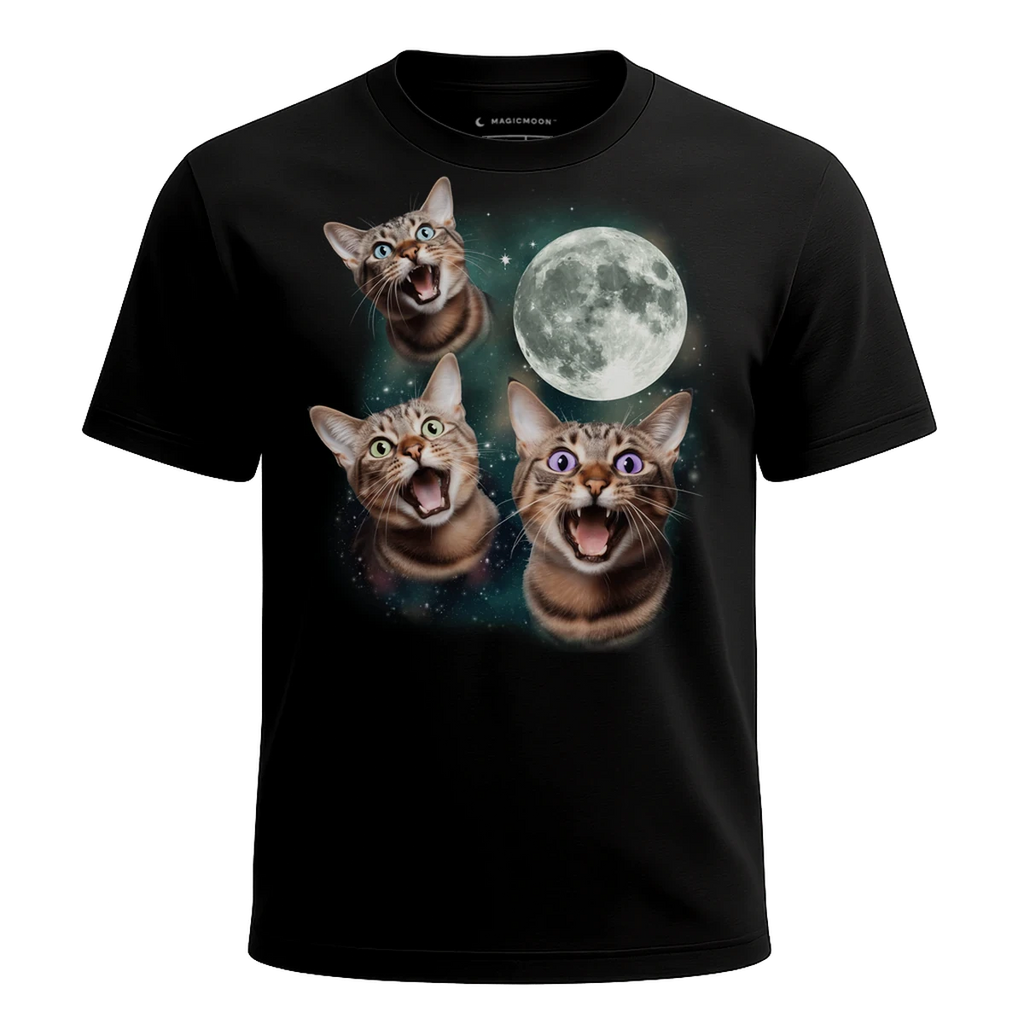 MagicMoon Three Tabby Cat Moon - Funny Animal Shirt, White Elephant Gift, Novelty T-Shirt