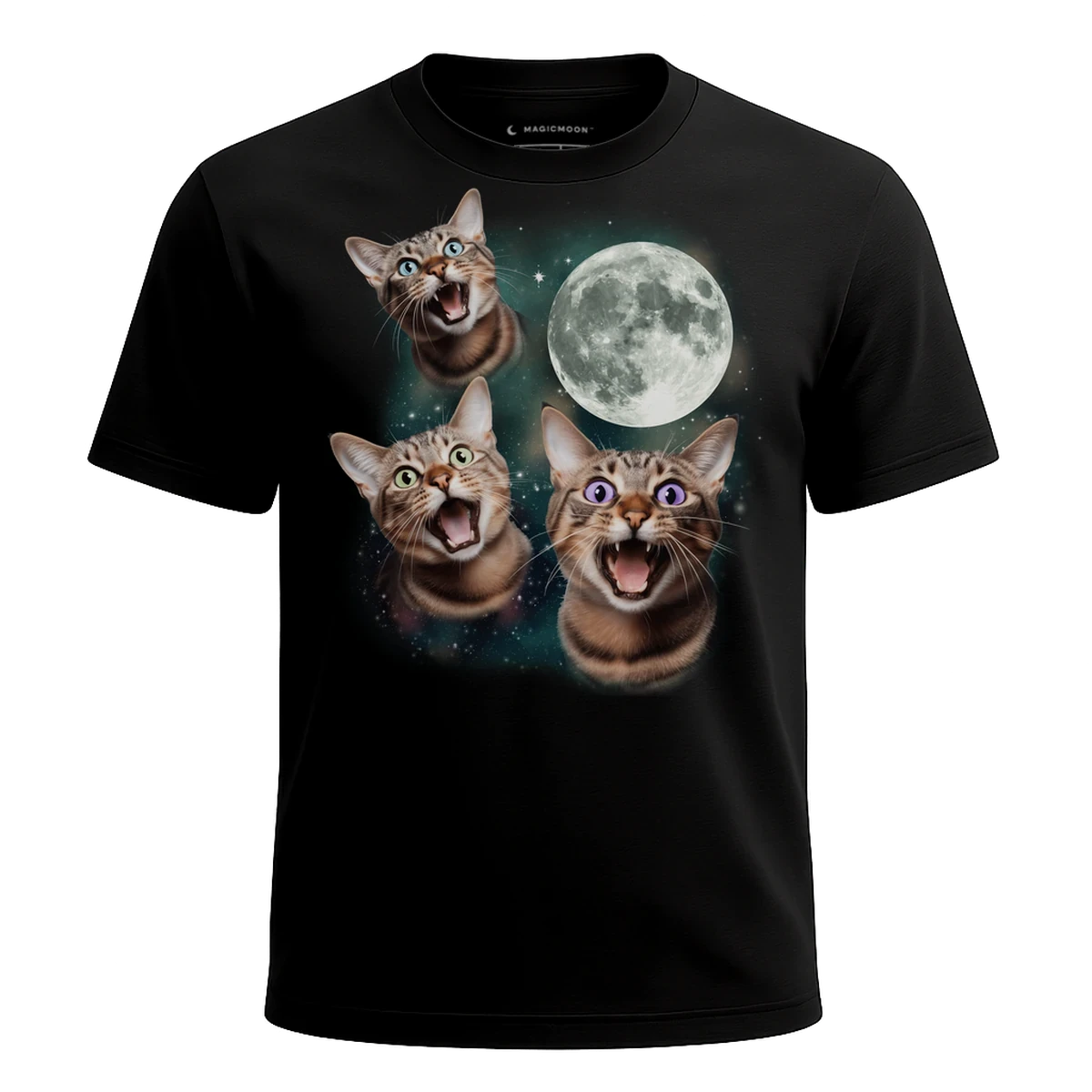 MagicMoon Three Tabby Cat Moon - Funny Animal Shirt, White Elephant Gift, Novelty T-Shirt