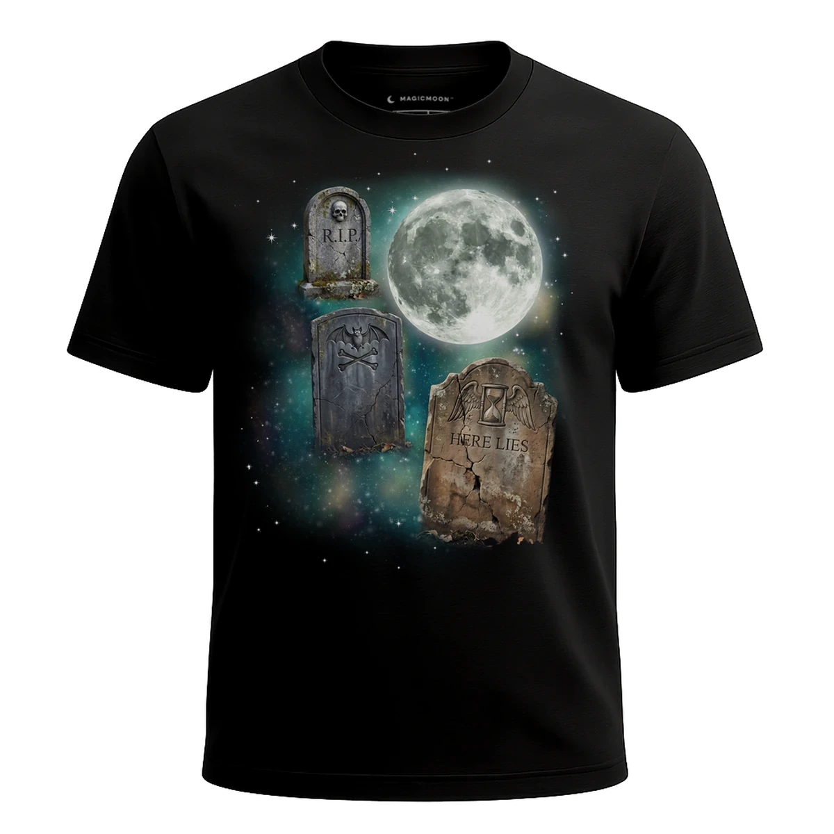 MagicMoon Three Tombstone Moon - Halloween Costume Shirt, White Elephant Gift, Novelty T-Shirt