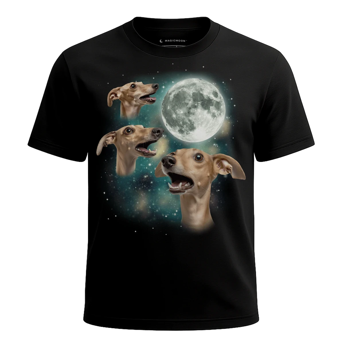 MagicMoon Three Whippet Moon - Funny Animal Shirt, White Elephant Gift, Novelty T-Shirt