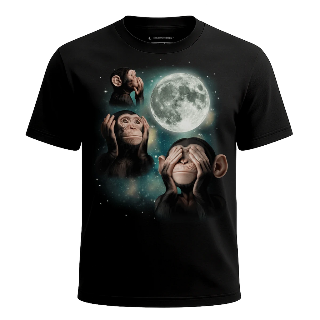 MagicMoon Three Wise Monkeys Moon - Funny Animal Shirt, White Elephant Gift, Novelty T-Shirt